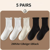 Wexleyjesus 5 pair /Lot Socks for Women Ruffle Cotton Middle Tube Ankle Short Breathable Black White set Spring Autumn