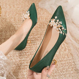 Wexleyjesus  Flowers Pointed Toe Pumps for Women New Green Silk Low Heels Shoes Woman Slip on Thin Heeled Lady Shoes Green Party Shoes