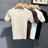 Wexleyjesus  New Summer Men T-shirt Knitted Short Sleeves Top Sweater Men's Solid Color V-neck Pullover Thin Slim Knitted Tees A73