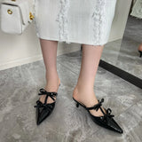 Wexleyjesus Casual Women Slippers Pointed Toe Black White Pink Bow Design Shallow Slip On Mules Shoes Thin Low Heels Summer Outside Pumps