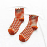 Wexleyjesus Korean Retro Plaid Lace Mid-tube Socks Girl Fungus Edge Color Lolita Cotton Socks Cute Socks  Socks Woman