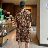 Wexleyjesus Summer Leopard Printed Short-sleeved Shirt Shorts Set Fashionable Loose Casual High Street Personalized Tops Five-point Trousers