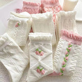 Wexleyjesus 5 Pairs Of Cute Harajuku Lolita White Women's Socks Set Spring And Summer Lace  Cotton Socks  Pink Style Socks With Ruffles