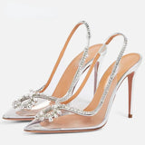 Wexleyjesus PVC Transparent Silver Clear Rhinestone High Heels Women Pumps Fashion Sling Backs Thin Heels Party Bridal Wedding Sandals Shoes