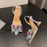 Wexleyjesus Fashion Design Gem Bowknot Women Pumps Sexy Pointed Toe Blue Denim Strange High Heels Shoes Ladies PVC Transparent Sandal