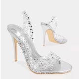 Wexleyjesus Summer Fashion Rhinestone PVC Clear Heels Stilettos Sandals Ladies Pointed Toe Party Silver Wedding Shoes Gold Slip-On Sandals