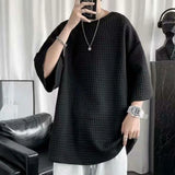 Wexleyjesus Waffle T-shirt Men's Large Size Summer Loose O-neck Short-sleeved Top Men Five-quarter Sleeves Ins Casual Comfortable T-shirt