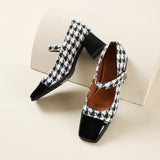 Wexleyjesus 2024 New Women Retro Houndstooth Mary Janes Pumps Patent Leather Buckle Strap Block Thick Heeled Shoes Ladies Dress Spring 33-48