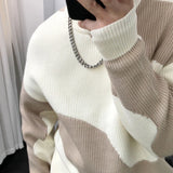 Wexleyjesus Man Clothes Round Collar Pullovers Knitted Sweaters for Men Crewneck Color Matching Black Cigaret Casual Korean Style Jumpers S