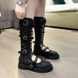 Wexleyjesus  Knee High Chelsea Women Cool Boots 2024 New Flats Platform Sandals Autumn Winter Buckle Lace Up Sport Women Motorcycle