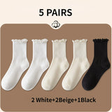 Wexleyjesus 5 pair /Lot Socks for Women Ruffle Cotton Middle Tube Ankle Short Breathable Black White set Spring Autumn