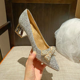 Wexleyjesus New Fashion Sequin with Bow Sexy Spike Block Heels Banquet Party Champagne Women Shoes