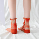 Wexleyjesus Korean Retro Plaid Lace Mid-tube Socks Girl Fungus Edge Color Lolita Cotton Socks Cute Socks  Socks Woman