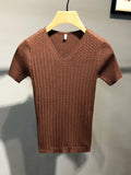 Wexleyjesus  New Summer Men T-shirt Knitted Short Sleeves Top Sweater Men's Solid Color V-neck Pullover Thin Slim Knitted Tees A73