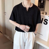 Wexleyjesus Summer Short Sleeved T-shirt Men Fashion Black White V-neck T-shirt Men Streetwear Korean Loose Pleated T Shirt Mens Top M-2XL