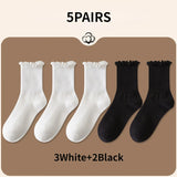 Wexleyjesus 5 pair /Lot Socks for Women Ruffle Cotton Middle Tube Ankle Short Breathable Black White set Spring Autumn