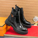 Wexleyjesus Casual Chelsea Boots Men Mid Calf Dress Shoes Business Formal Patent Leather Slip-On Ankle Boots Fashion High Top Leather Shoes