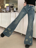 Wexleyjesus Fashion Blue Denim Pants Women Embroidery Star New Design High Waist Slim Bell Bottoms Gyaru Jeans Streetwear Vintage Kpop