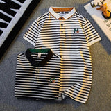 Wexleyjesus Summer Ice Silk Striped Polo Shirts Men's Lapel Loose Casual Simple High Street Short-sleeved T-shirts Men Tops Male Clothes