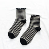 Wexleyjesus Korean Retro Plaid Lace Mid-tube Socks Girl Fungus Edge Color Lolita Cotton Socks Cute Socks  Socks Woman