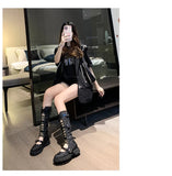 Wexleyjesus  Knee High Chelsea Women Cool Boots 2024 New Flats Platform Sandals Autumn Winter Buckle Lace Up Sport Women Motorcycle