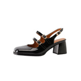 Wexleyjesus Plus Size 44 45 46 Black Silver Chunky High Heels Mary Jane Shoes Women Square Toe Double Buckle Pumps Slingback Ladies Sandals