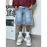 Wexleyjesus American High Street Men's Wide Leg Denim Shorts Summer 2023 New Fashion Casual Baggy Short Jeans Male Chic Burrs Clothes