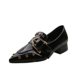 Rivet single shoes female spring and autumn new net red retro pointy shoes patent leather with thick heel buckle