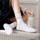 Women Socks Unisex Pure Cotton Breathable Japanese Autumn Letter Print Street Style Jacquard Solid Color Middle Tube Soft Fun