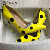 Wexleyjesus  Polka Dot Women Patent Yellow High Heels Pointed Toe Fashion Stiletto Pumps Italian Style Elegant Ladies Party Shoes
