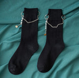 Punk Pearl Chain Socks Women Long Cotton Socks Girls Streetwear Fashion Sock Ankle Female Dress Calcetines Meias