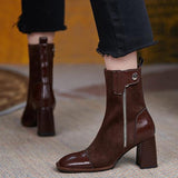 French Square Toe Retro Ankle Boots Women Suede Stitching Side Zipper Thick Heel Chelsea Boots 7CM High-heeled Knight Boots