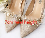 Wexleyjesus Golden Bride Pumps Sequined Wedding Shoes Dress Bridal Annual Meeting Banquet Genuine Leather Date Party 9cm High Heels