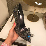 2023 New Summer Silver Crystal High Heels Female Stiletto Princess Pointed Temperament Goddess Fan Wedding Shoes Bridal Shoes