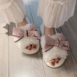 New Winter Cute Girl Heart Bowknot Cotton Slippers Female Autumn and Winter Indoor Non-slip  Plush Confinement  Shoes Warm Shoes