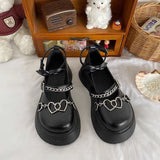 Gothic Mary Janes Femme Fashion Heart Chain Lolita Shoes British Style Buckle Shoes Woman 2021 Autumn PU Bow Ladies Footwear
