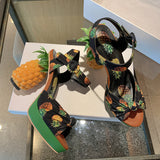 High Heels Sandals Women Beach Style Pineapple Print Platform Wedge Shoes Fish Toe Pumps Mujer  Shoes New Sweet Lady Pineapple