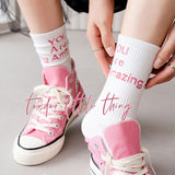 Women Socks Unisex Pure Cotton Breathable Japanese Autumn Letter Print Street Style Jacquard Solid Color Middle Tube Soft Fun