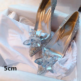 2023 New Summer Silver Crystal High Heels Female Stiletto Princess Pointed Temperament Goddess Fan Wedding Shoes Bridal Shoes