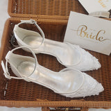 Ivory Color Lace Wedding Shoes For Bridal Pointed Daily Working Sandal Ankle Strap Bridesmaid Dress Flats Casual