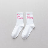 Women Socks Unisex Pure Cotton Breathable Japanese Autumn Letter Print Street Style Jacquard Solid Color Middle Tube Soft Fun