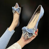 Rimocy Pearl Bowtie Party Pumps Women Sexy Lace Pointed Toe Banquet Wedding Shoes Woman String Bead Comfort Low Heels Shoes