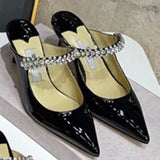 New Pointed Toe Rhinestone Mules Half Slippers White Patent Leather Low-Cut French High Heel Women's Sandals