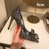 2023 New Summer Silver Crystal High Heels Female Stiletto Princess Pointed Temperament Goddess Fan Wedding Shoes Bridal Shoes