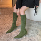 Fashion Women Knee Boots Sock Stretch Booties Autumn Winter Flock Botas Thin Low Heels Side Zipper Pointed Toe Pumps Black/Green