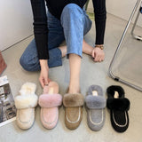 Ladies Plush Slippers Autumn Winter New Baotou Furry Mules Shoes Women Outdoor Wear Bowknot Warmth Flat-bottomed Cotton Slippers