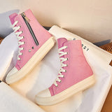 Women High Top Canvas Sneakers Flat Lace-up Pink Vulcanize Shoes For Ladies Fashion Casual Breathable Footwear 2022 New Hotsale