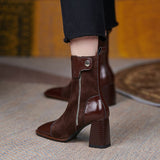 French Square Toe Retro Ankle Boots Women Suede Stitching Side Zipper Thick Heel Chelsea Boots 7CM High-heeled Knight Boots