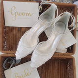 Ivory Color Lace Wedding Shoes For Bridal Pointed Daily Working Sandal Ankle Strap Bridesmaid Dress Flats Casual