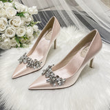 Wedding Shoes Crystal Bridal Shoes Champagne Color Satin Dress Bridesmaid Shoes White High Heels Shoes Women Heels Pumps